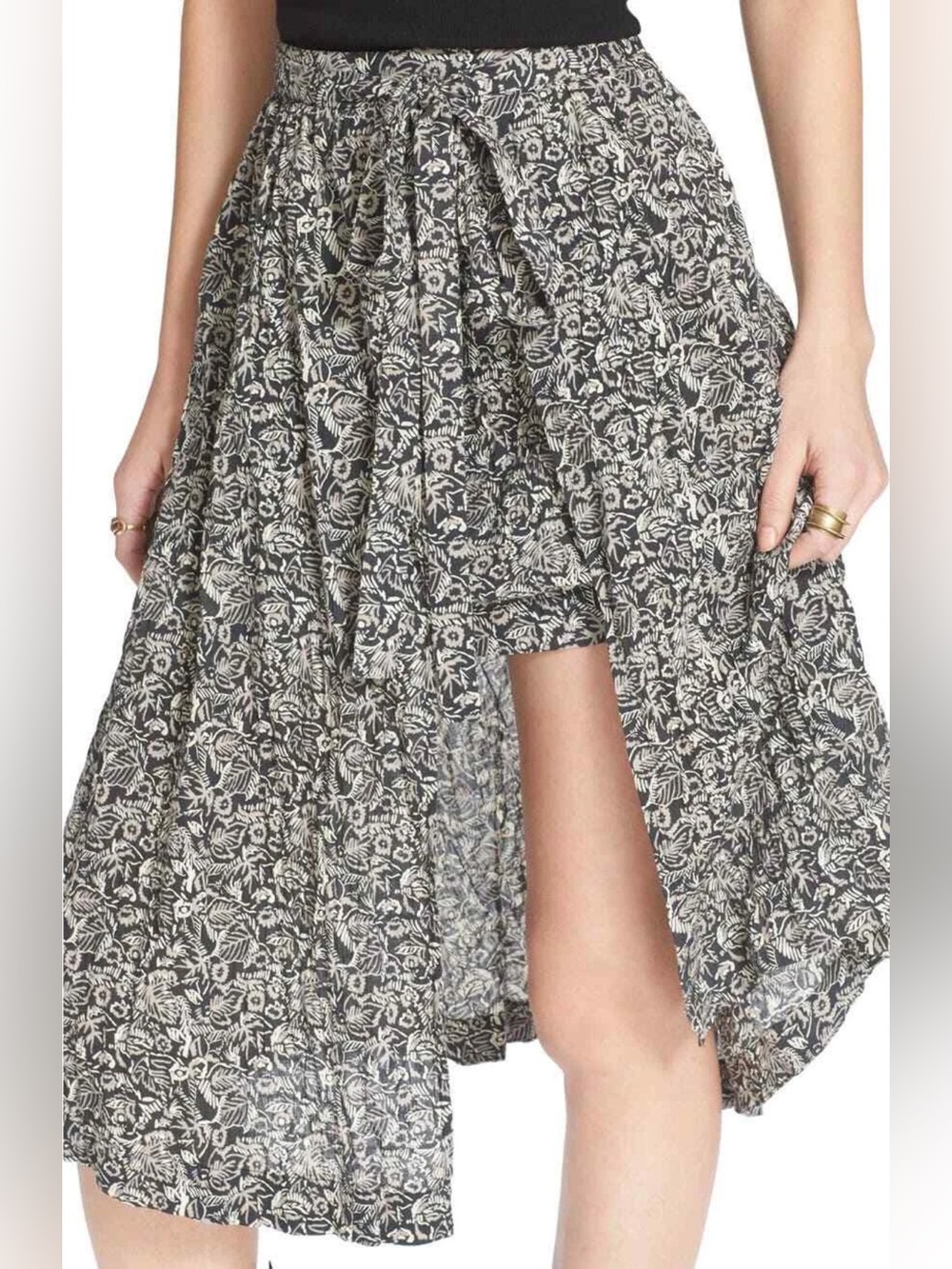 Free People "Love Train" Black Asymmetrical Wrap Skirt Floral Size 0